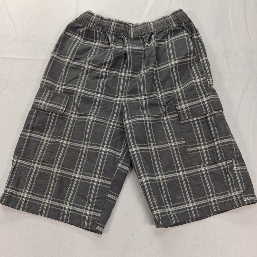 Karizma Cargo Shorts Mens M Heavy Weight Charcoal Gray Plaid Elastic Waist EUC